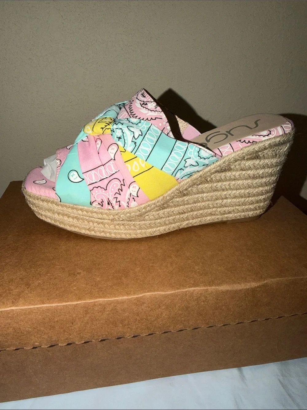 Sugar Bandana-Print Espadrille Wedge Sandal - Pink Mint Yellow